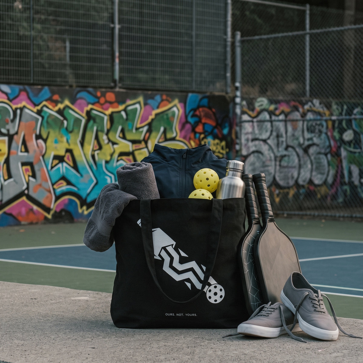 Aquarius — Disrupt The Flow tote bag — black pickleball tote bag packed with paddles, balls and kit courtside