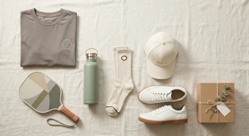 pickleball gift ideas minimalist streetwear apparel and gear flat lay