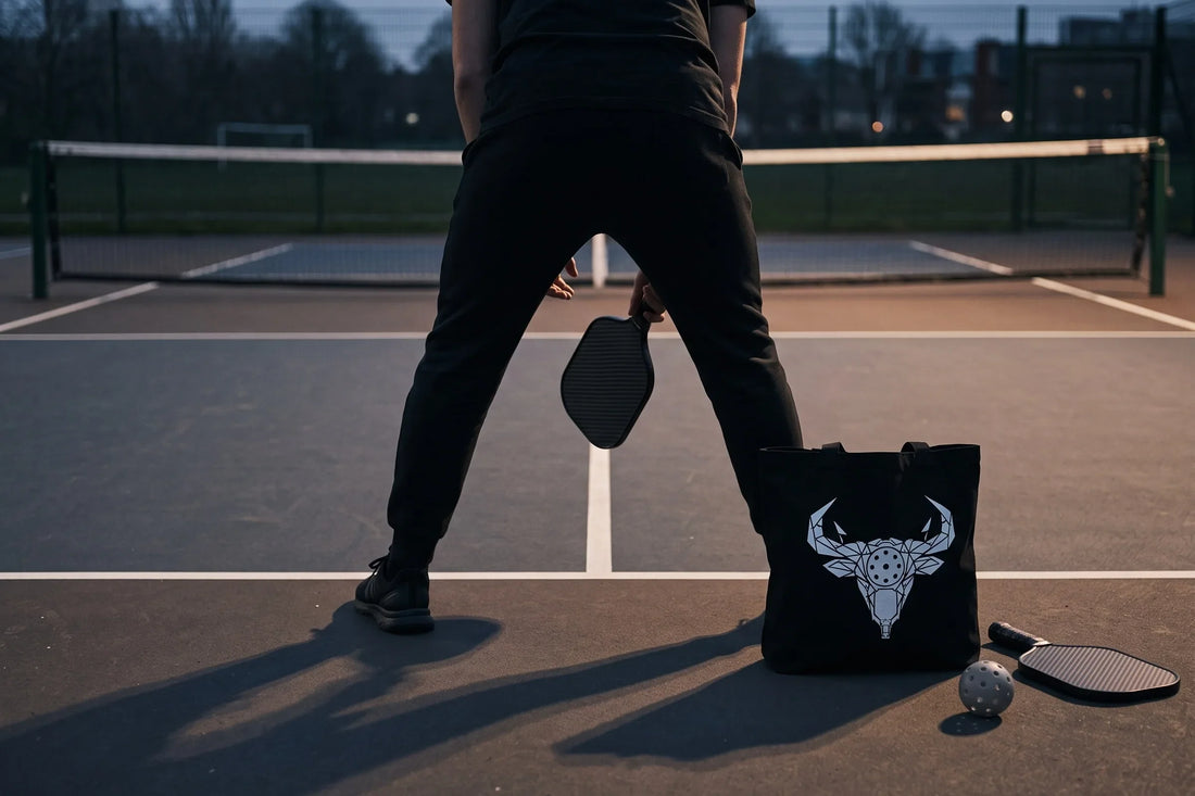 Pickleball player planted at the baseline beside a black Taurus Hold The Line zodiac tote bag