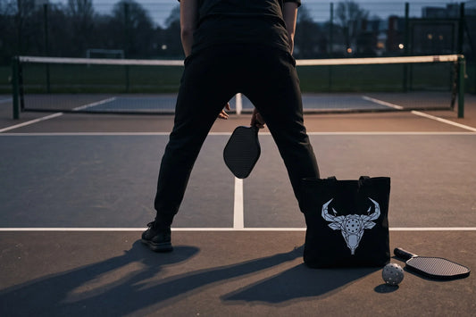 Pickleball player planted at the baseline beside a black Taurus Hold The Line zodiac tote bag