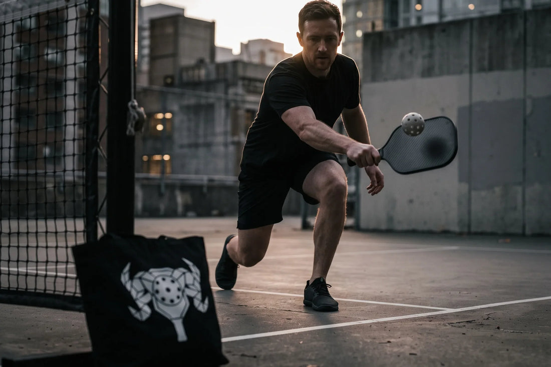 Aggressive pickleball player attacking at the net with a black Aries First Strike zodiac tote bag on court