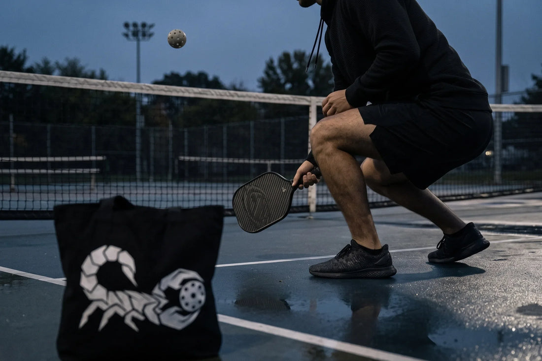 Pickleball player dinking at the kitchen line with a black Scorpio Soft Shot zodiac tote bag