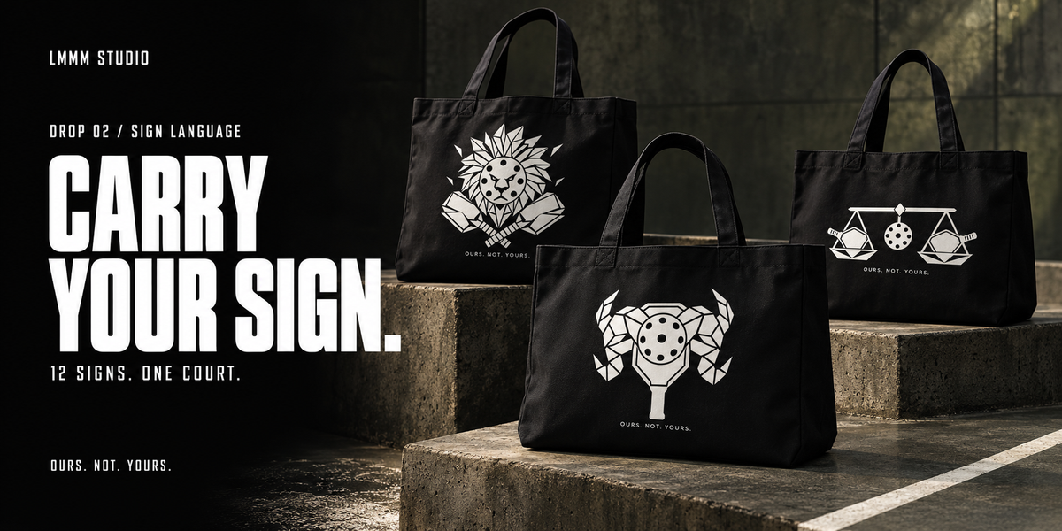 LMMM Studio Sign Language: black Aries, Leo and Libra zodiac pickleball tote bags. Carry your sign. Twelve signs. One court.