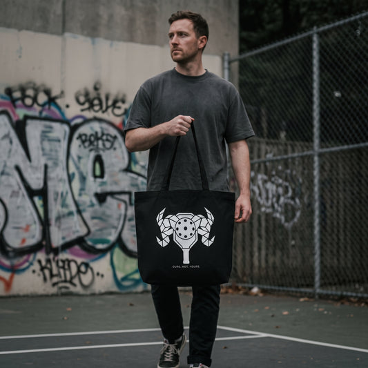 Aries — First Strike tote bag — model carrying the black organic cotton pickleball tote bag