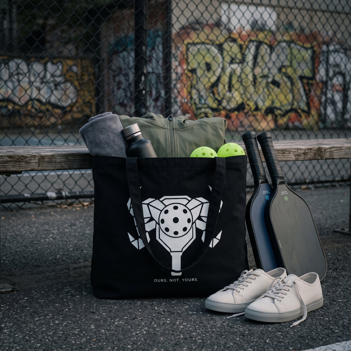 Aries — First Strike tote bag — black pickleball tote bag packed with paddles, balls and kit courtside