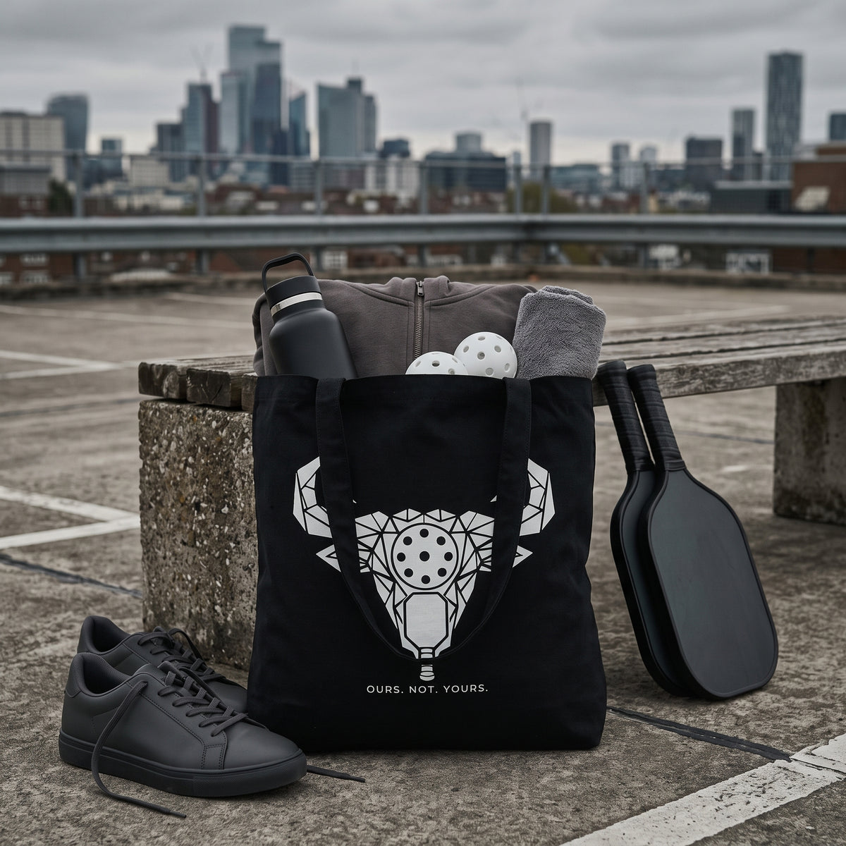 Taurus — Hold The Line tote bag — black pickleball tote bag packed with paddles, balls and kit courtside