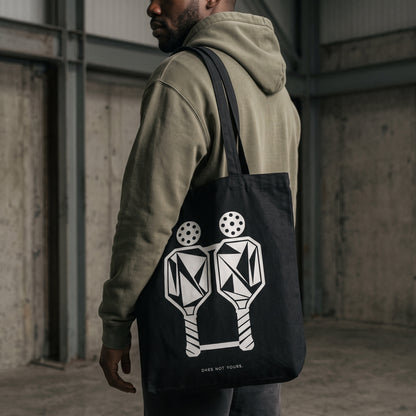 Gemini — Split Form tote bag — close-up of the black pickleball tote bag on the shoulder