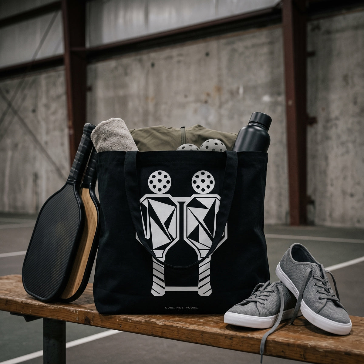 Gemini — Split Form tote bag — black pickleball tote bag packed with paddles, balls and kit courtside