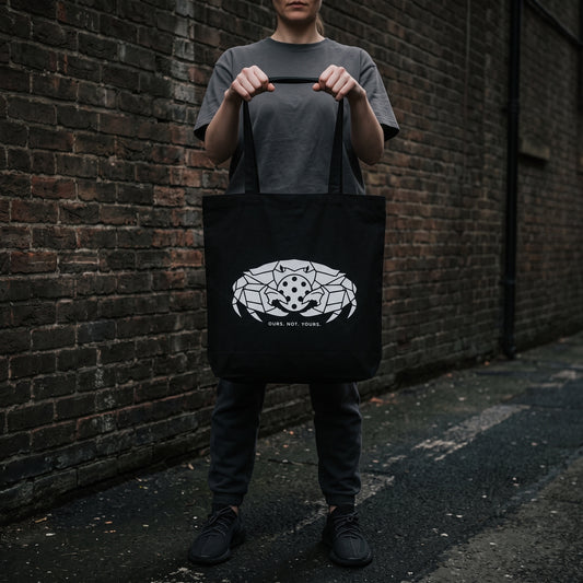 Cancer — Access Denied tote bag — model carrying the black organic cotton pickleball tote bag