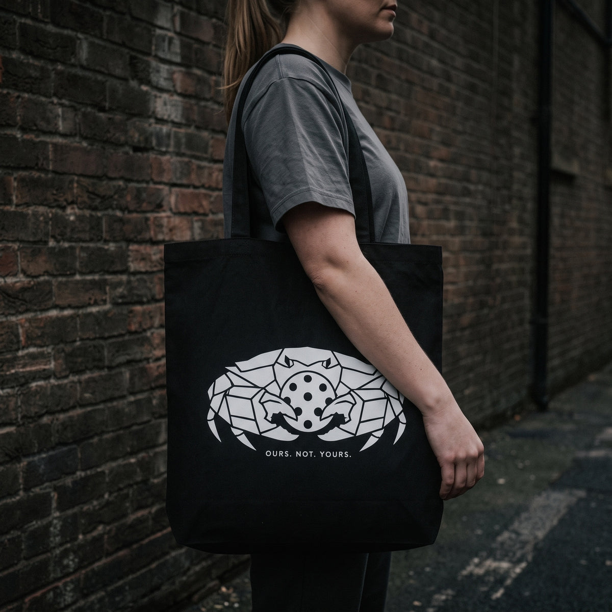 Cancer — Access Denied tote bag — close-up of the black pickleball tote bag on the shoulder