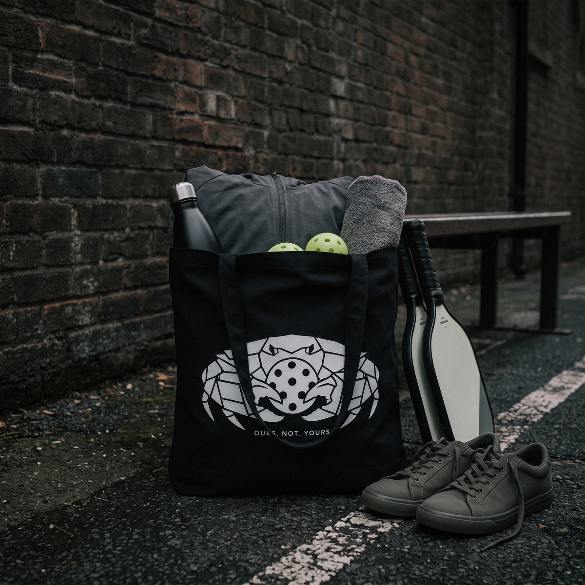 Cancer — Access Denied tote bag — black pickleball tote bag packed with paddles, balls and kit courtside