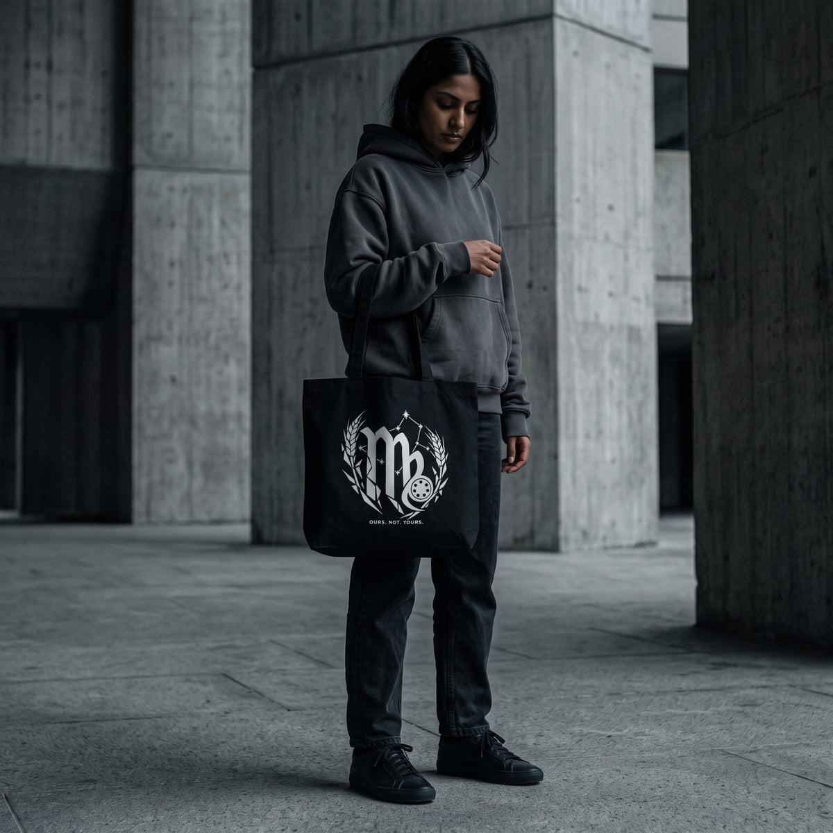 Virgo — Nothing By Chance tote bag — model carrying the black organic cotton pickleball tote bag