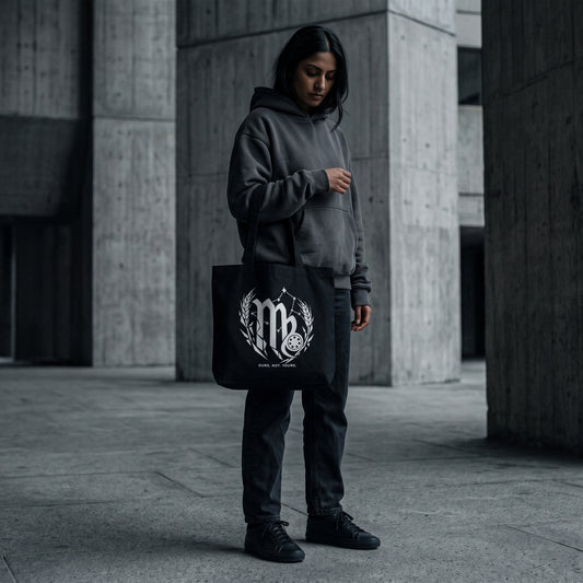Virgo — Nothing By Chance tote bag — model carrying the black organic cotton pickleball tote bag