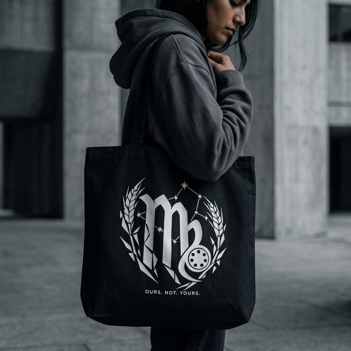 Virgo — Nothing By Chance tote bag — close-up of the black pickleball tote bag on the shoulder