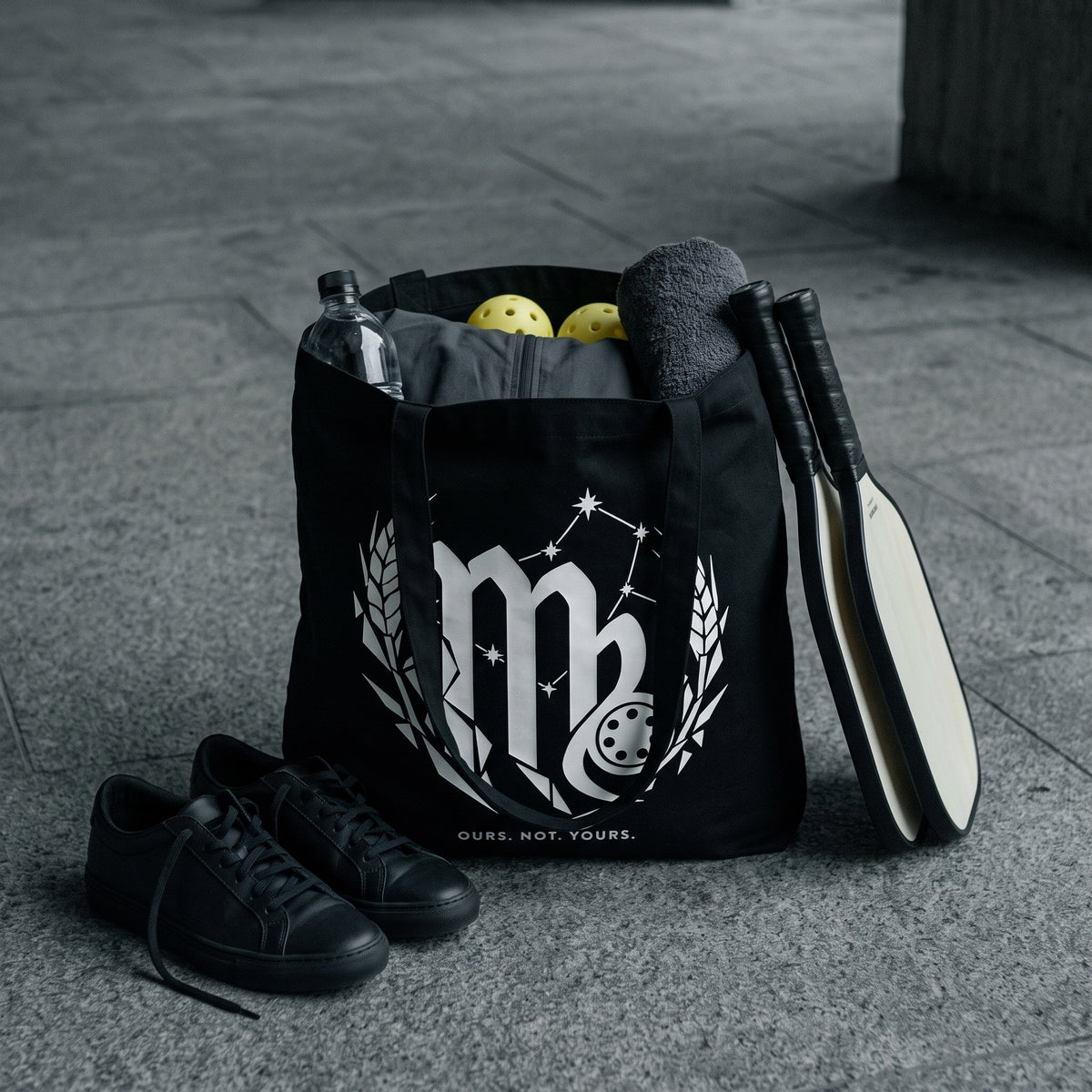 Virgo — Nothing By Chance tote bag — black pickleball tote bag packed with paddles, balls and kit courtside