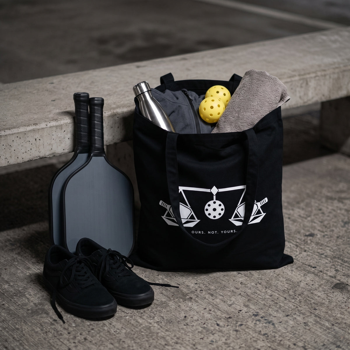 Libra — Balance Under Pressure tote bag — black pickleball tote bag packed with paddles, balls and kit courtside