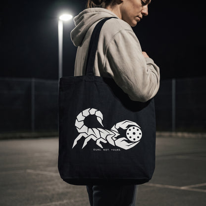 Scorpio — Soft Shot tote bag — close-up of the black pickleball tote bag on the shoulder