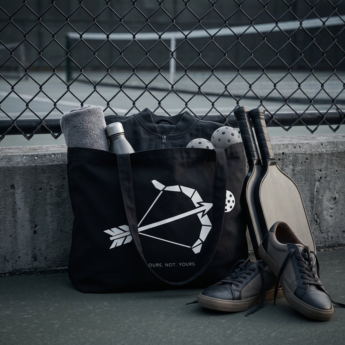 Sagittarius — Target Locked tote bag — black pickleball tote bag packed with paddles, balls and kit courtside