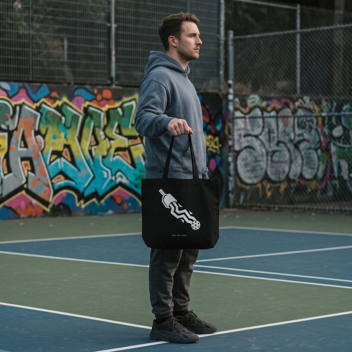 Aquarius — Disrupt The Flow tote bag — model carrying the black organic cotton pickleball tote bag
