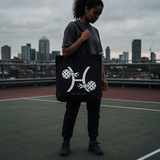 Pisces — Two Forces tote bag — model carrying the black organic cotton pickleball tote bag