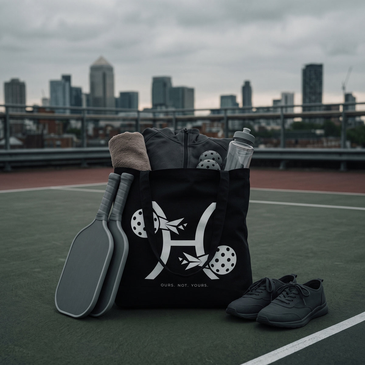 Pisces — Two Forces tote bag — black pickleball tote bag packed with paddles, balls and kit courtside