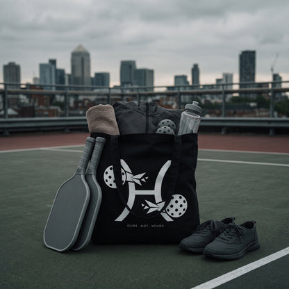 Pisces — Two Forces tote bag — black pickleball tote bag packed with paddles, balls and kit courtside