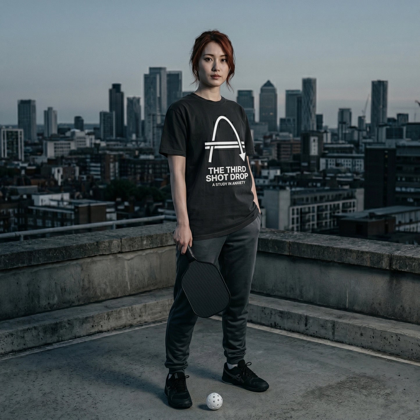 Person wearing a black t-shirt with text and graphics, holding a paddle and ball, standing on a rooftop with a cityscape in the background.