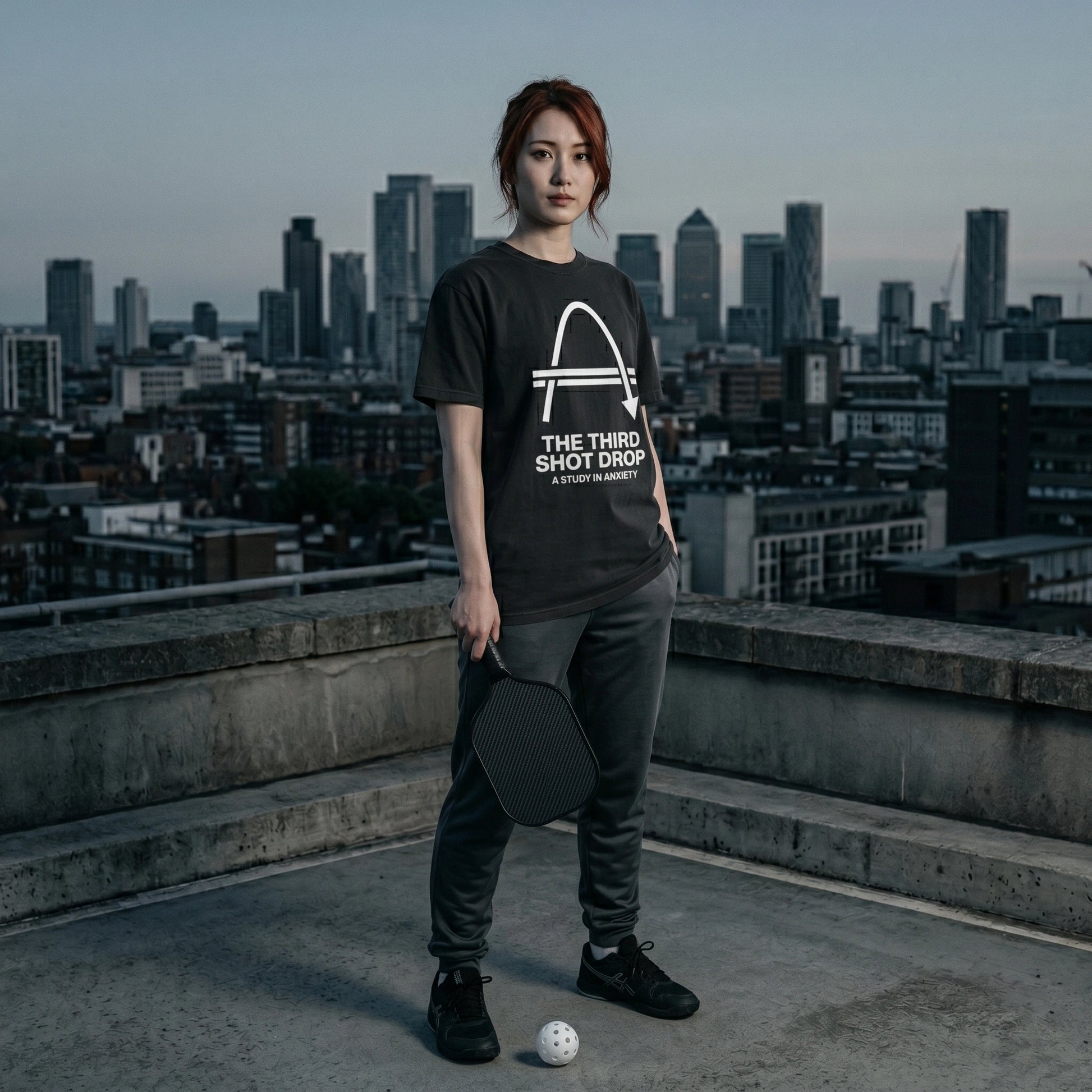 Person wearing a black t-shirt with text and graphics, holding a paddle and ball, standing on a rooftop with a cityscape in the background.