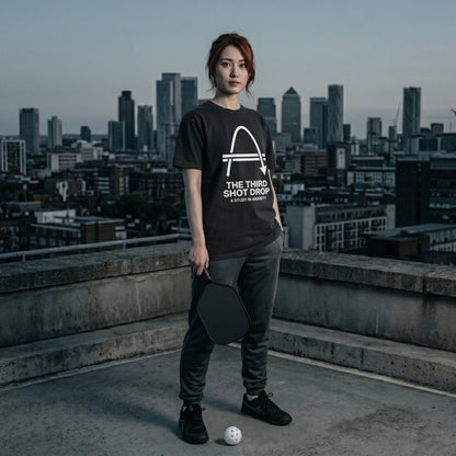Person wearing a black t-shirt with text and graphics, holding a paddle and ball, standing on a rooftop with a cityscape in the background.